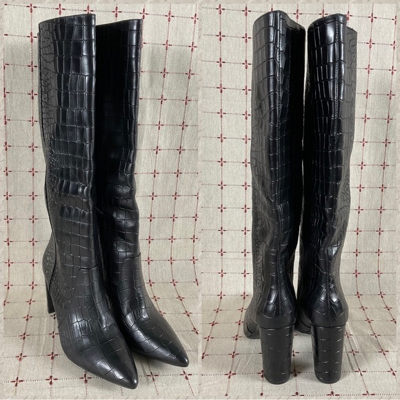 💐HPx3💐 😍 PAIGE Carmen Black Croc Embossed Leather Knee High Boots 6 NWOB - Picture 2 of 7